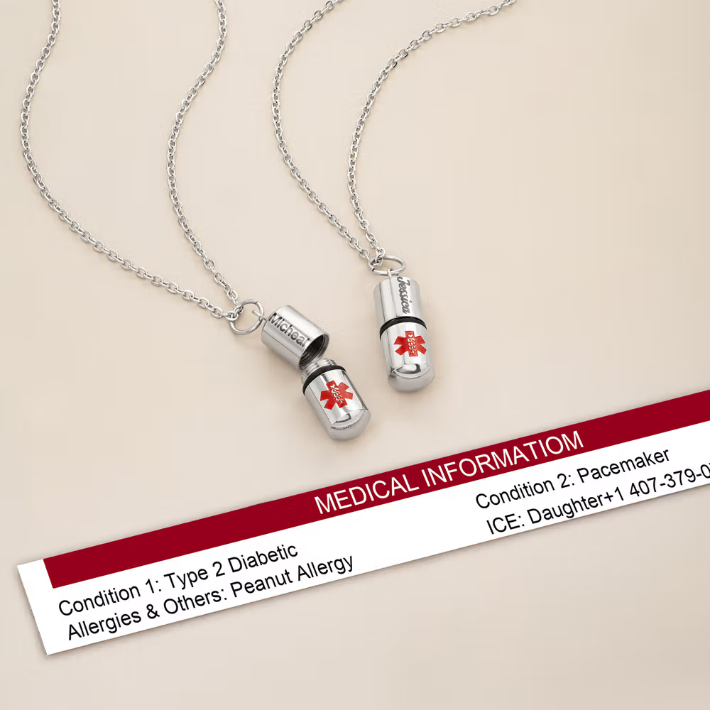 Personalized Openable Capsule-Shaped Necklace with Name and Medical Note Emergency Survival Birthday Gift for Diabetic Autism
