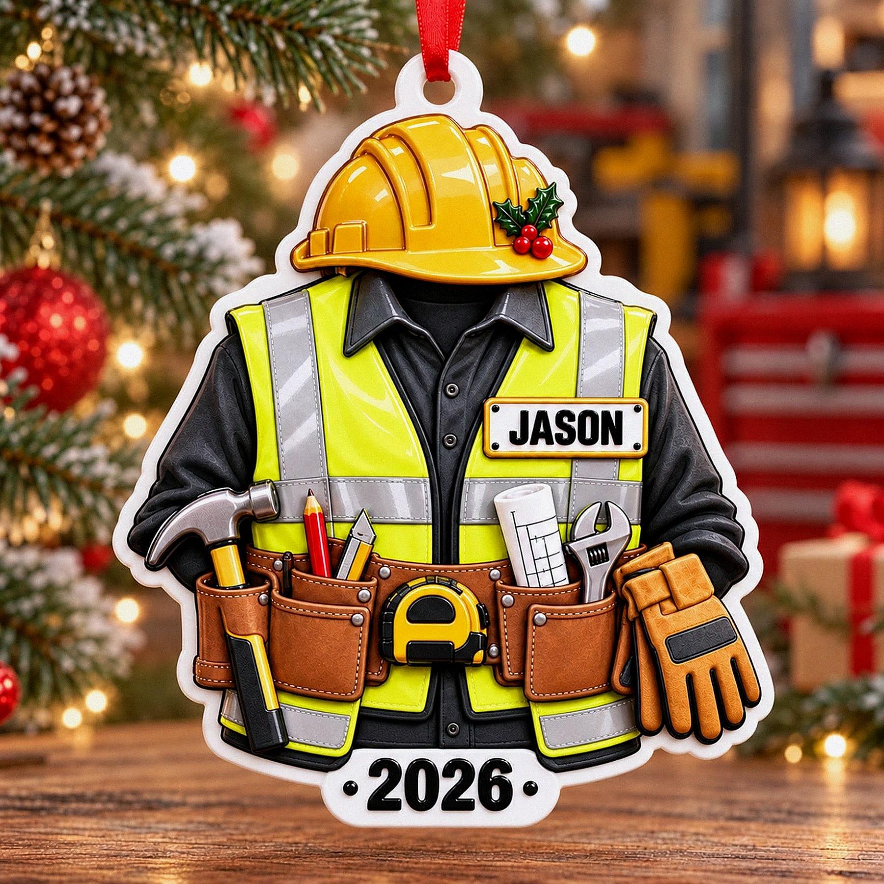 Personalized Construction Worker 3D Relief White Acrylic Ornament, Custom Builder Hard Hat Decor, Tradesman Christmas Gift 2026