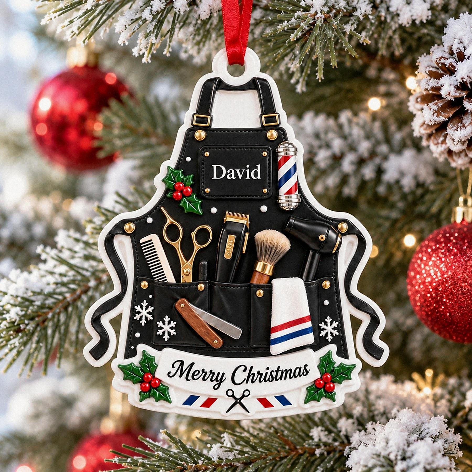 Personalized Barber Tools 3D Relief White Acrylic Ornament, Custom Hair Stylist Keepsake, Christmas Gift for Barber Shop Owner