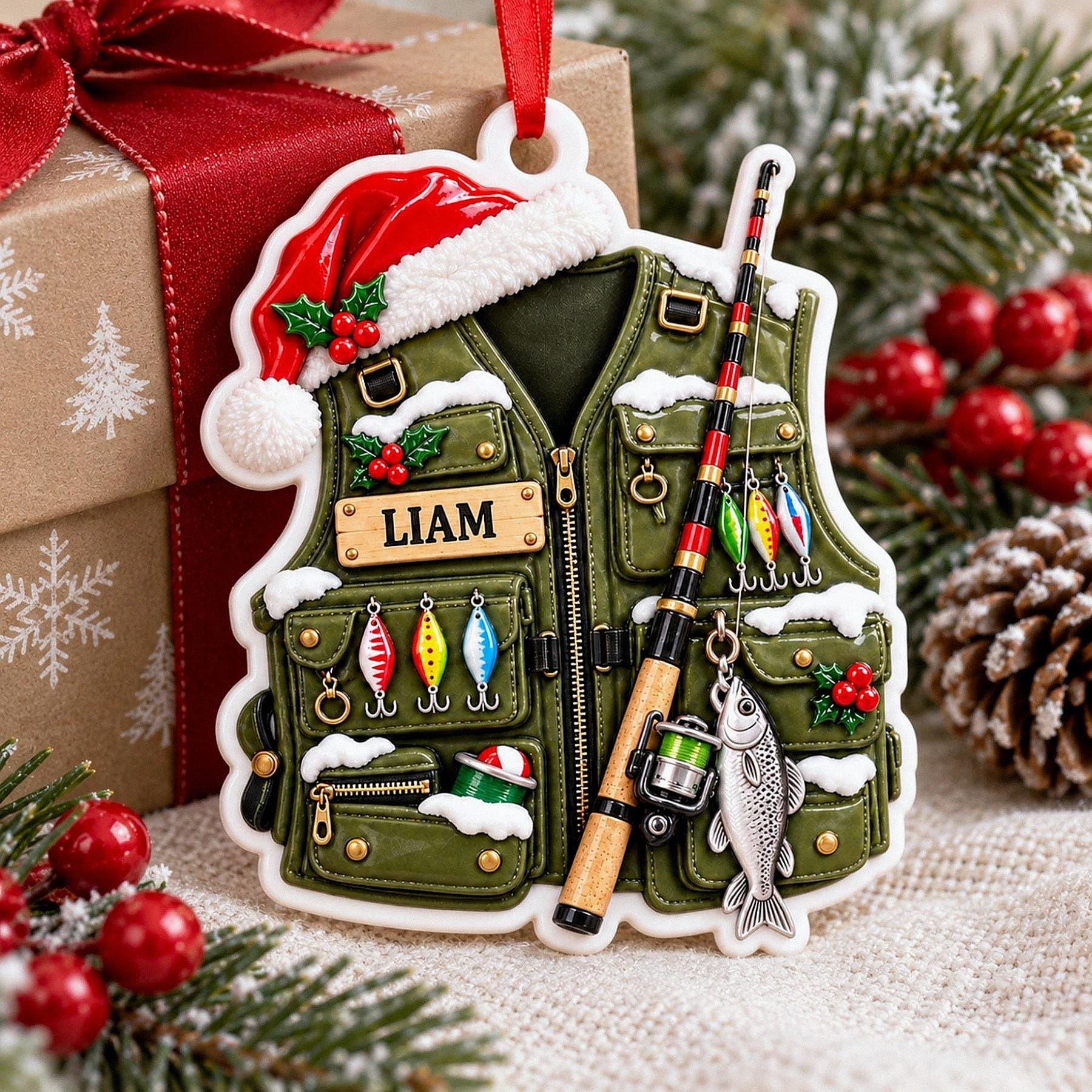 Personalized Fishing Vest 3D Relief White Acrylic Ornament, Custom Angler Keepsake, Christmas Gift for Fisherman