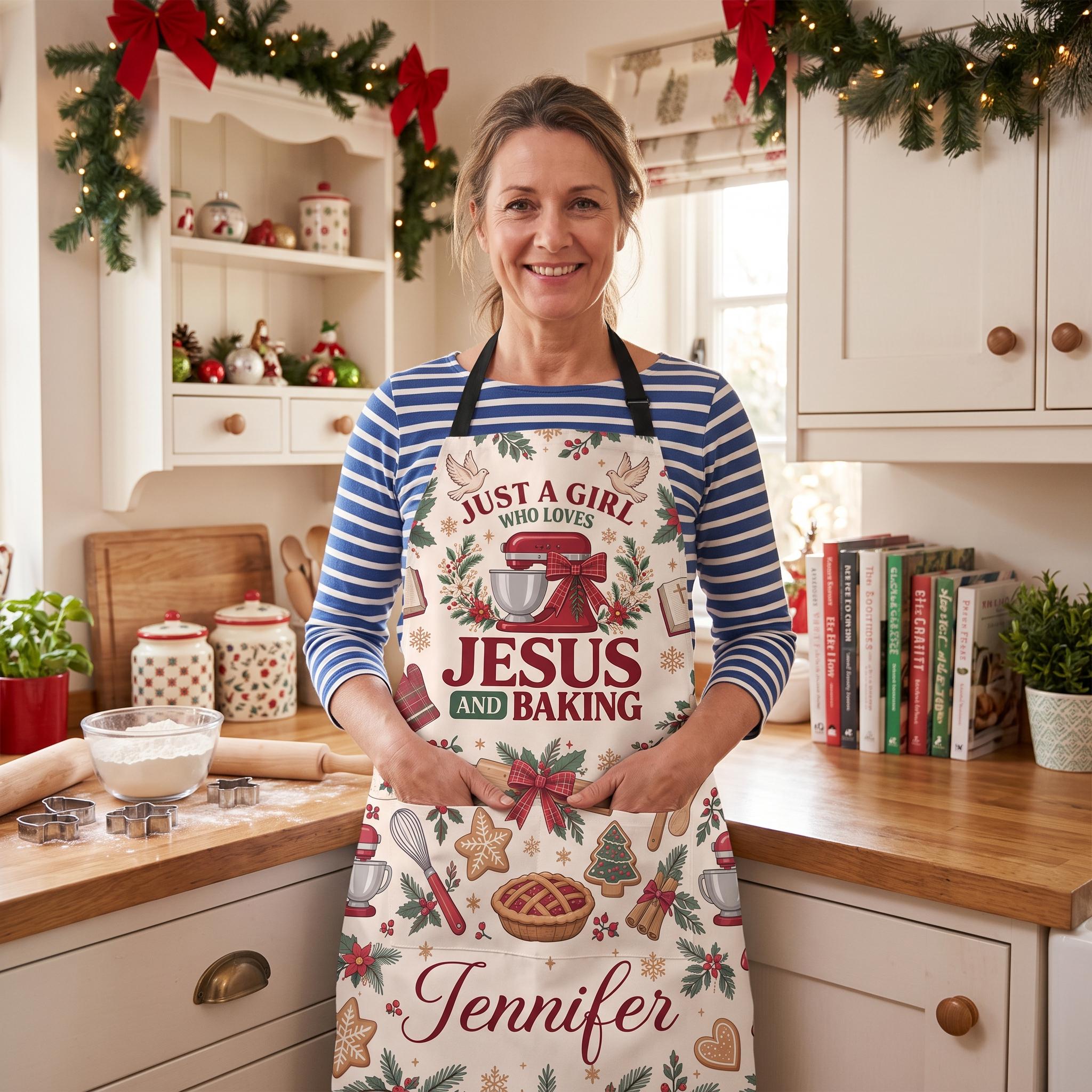 Personalized Just A Girl Who Loves Jesus and Baking Christmas Apron With 4 Pocket,Custom Christian Baker Apron, Gift for Christian Baker