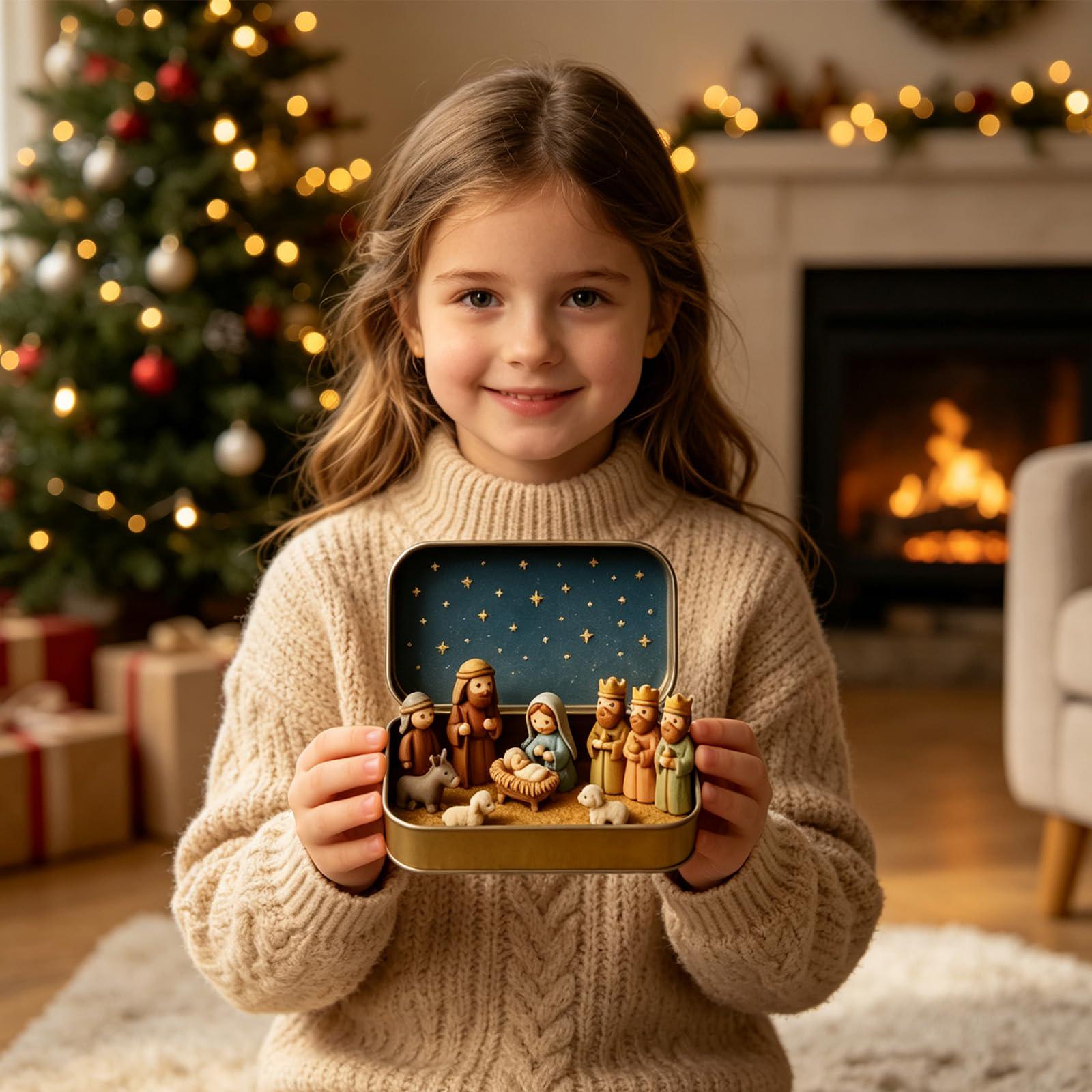 3D Mini Nativity Set, Shepherd & Manger Scene, Tin Box Baby Jesus Figurines, Christian Christmas Gift, Pocket Bible Keepsake