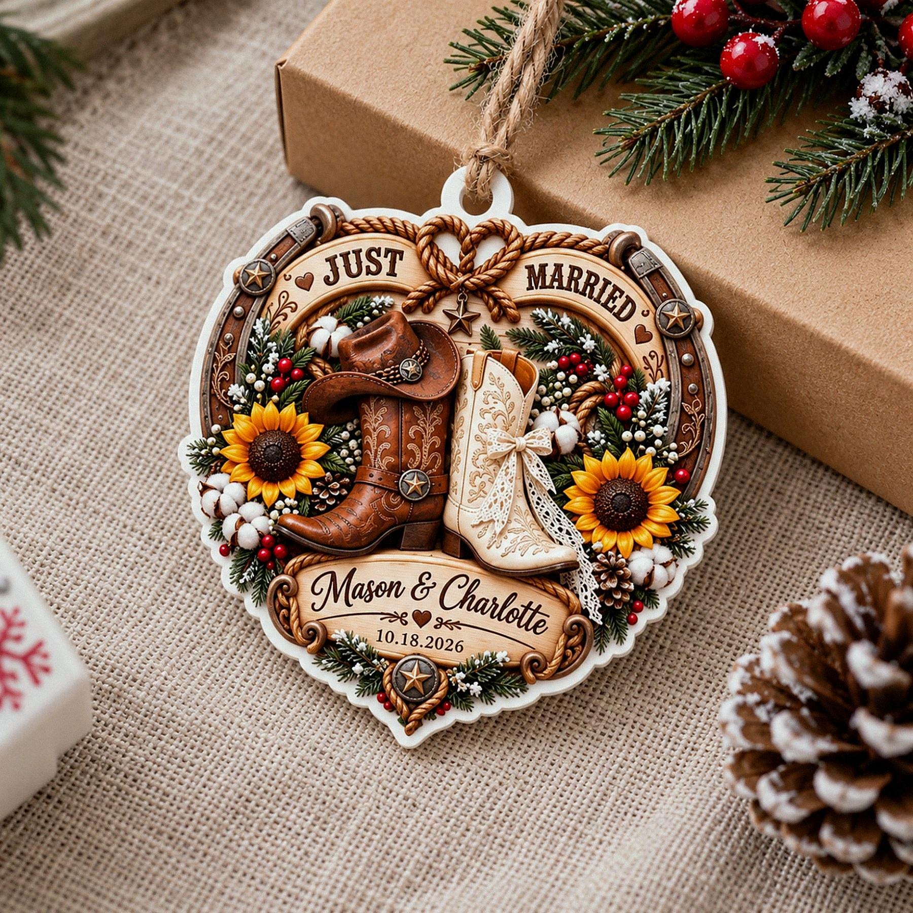 Personalized Western Wedding Acrylic Ornament, 3D Relief Cowboy Boots Custom Name Bauble, Just Married Couples Gift