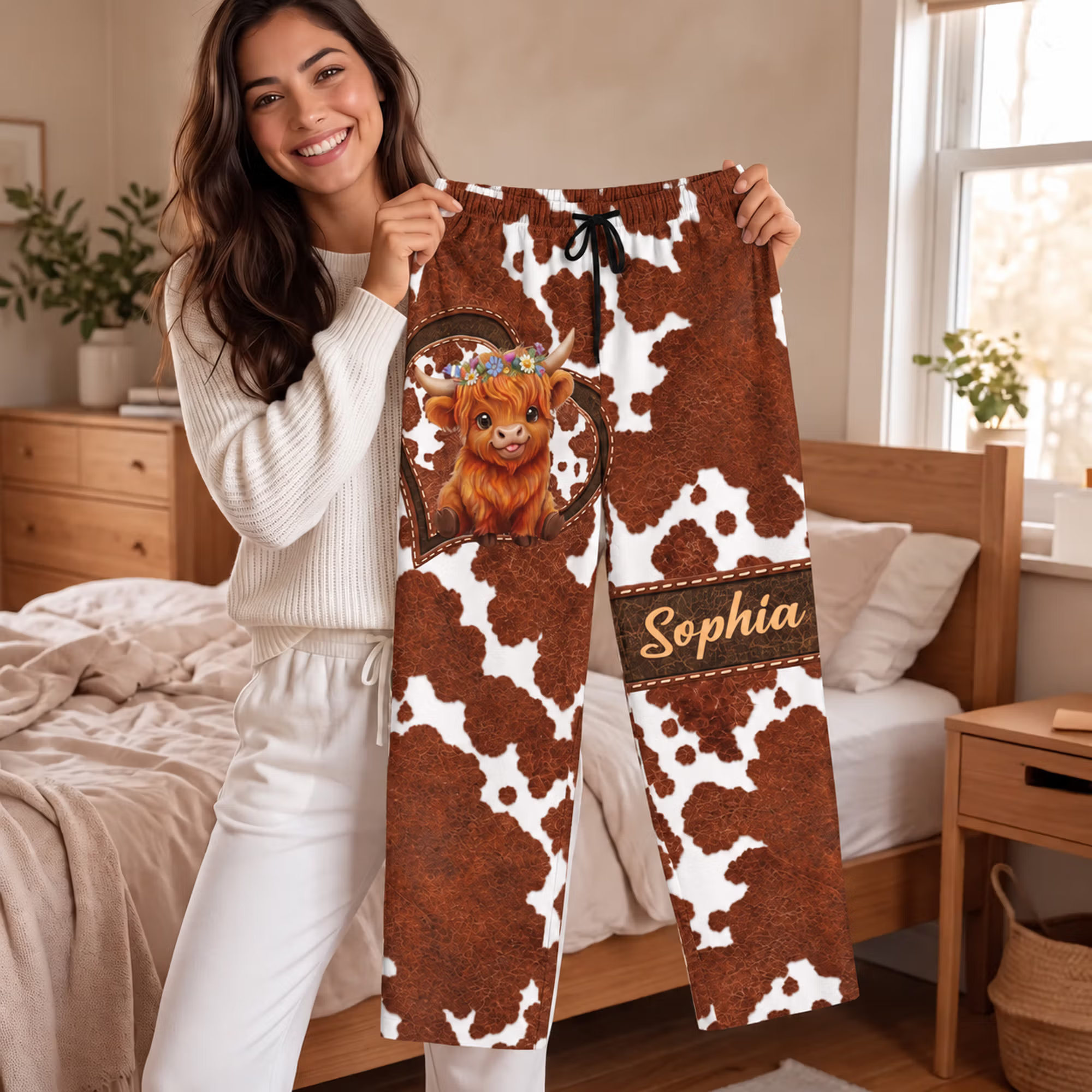 Personalized Highland Cow Soft Pajama Pants with Name Daily Wear Birthday Christmas Gift for Family Cow Lovers