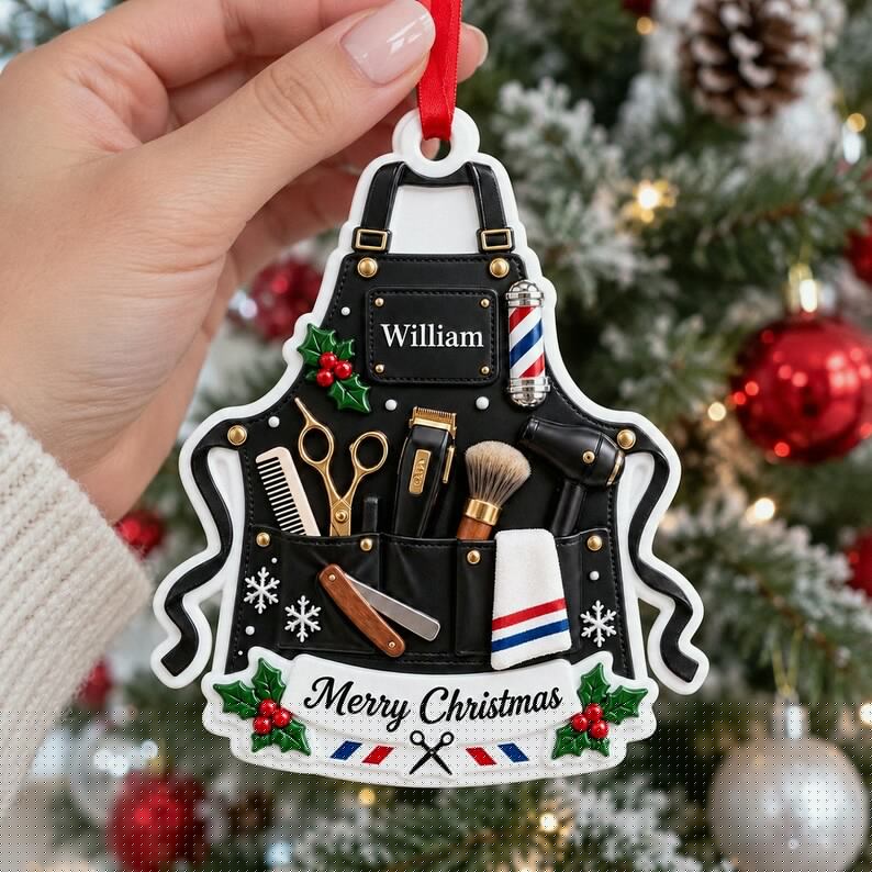 Personalized Barber Tools 3D Relief White Acrylic Ornament, Custom Hair Stylist Keepsake, Christmas Gift for Barber Shop Owner