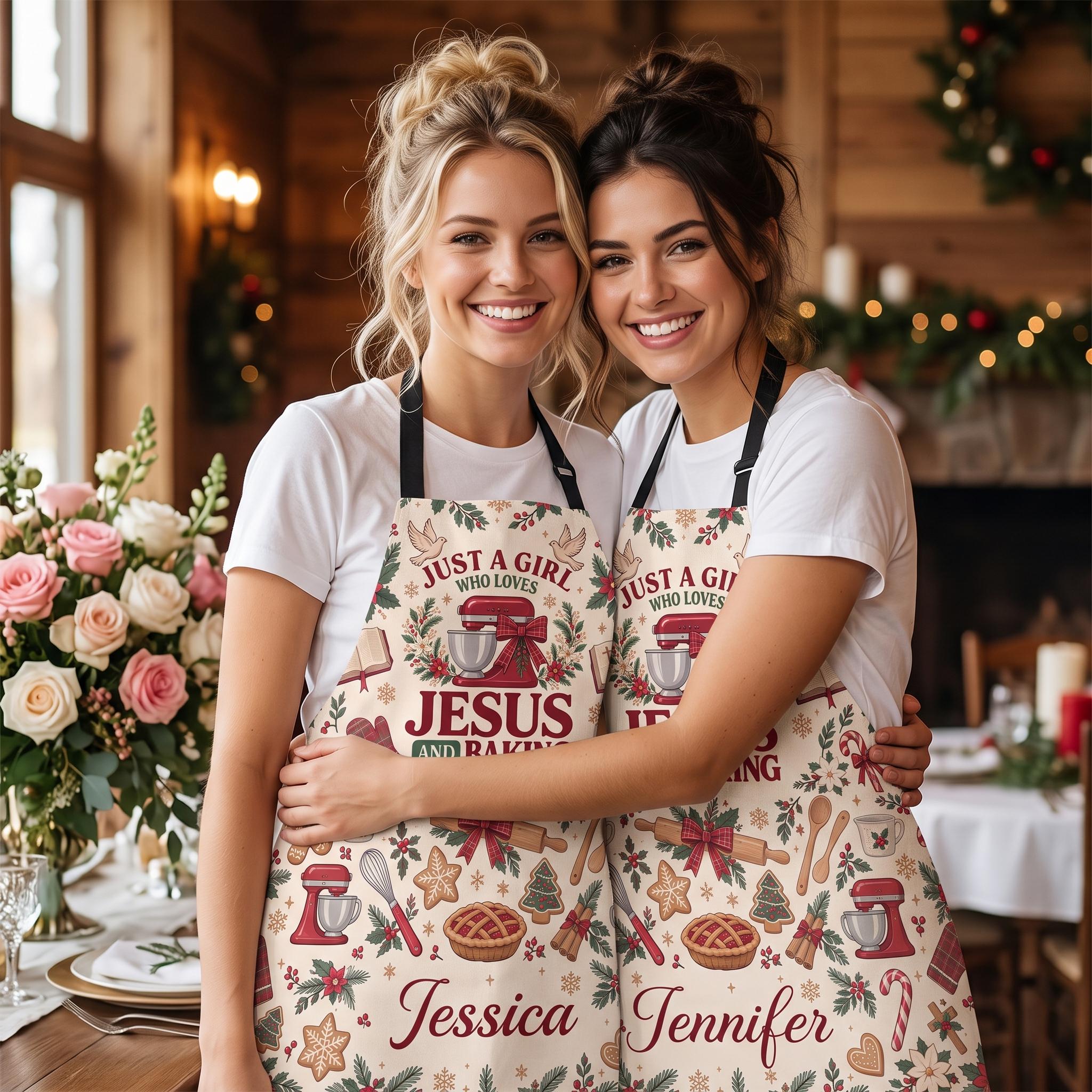 Personalized Just A Girl Who Loves Jesus and Baking Christmas Apron With 4 Pocket,Custom Christian Baker Apron, Gift for Christian Baker
