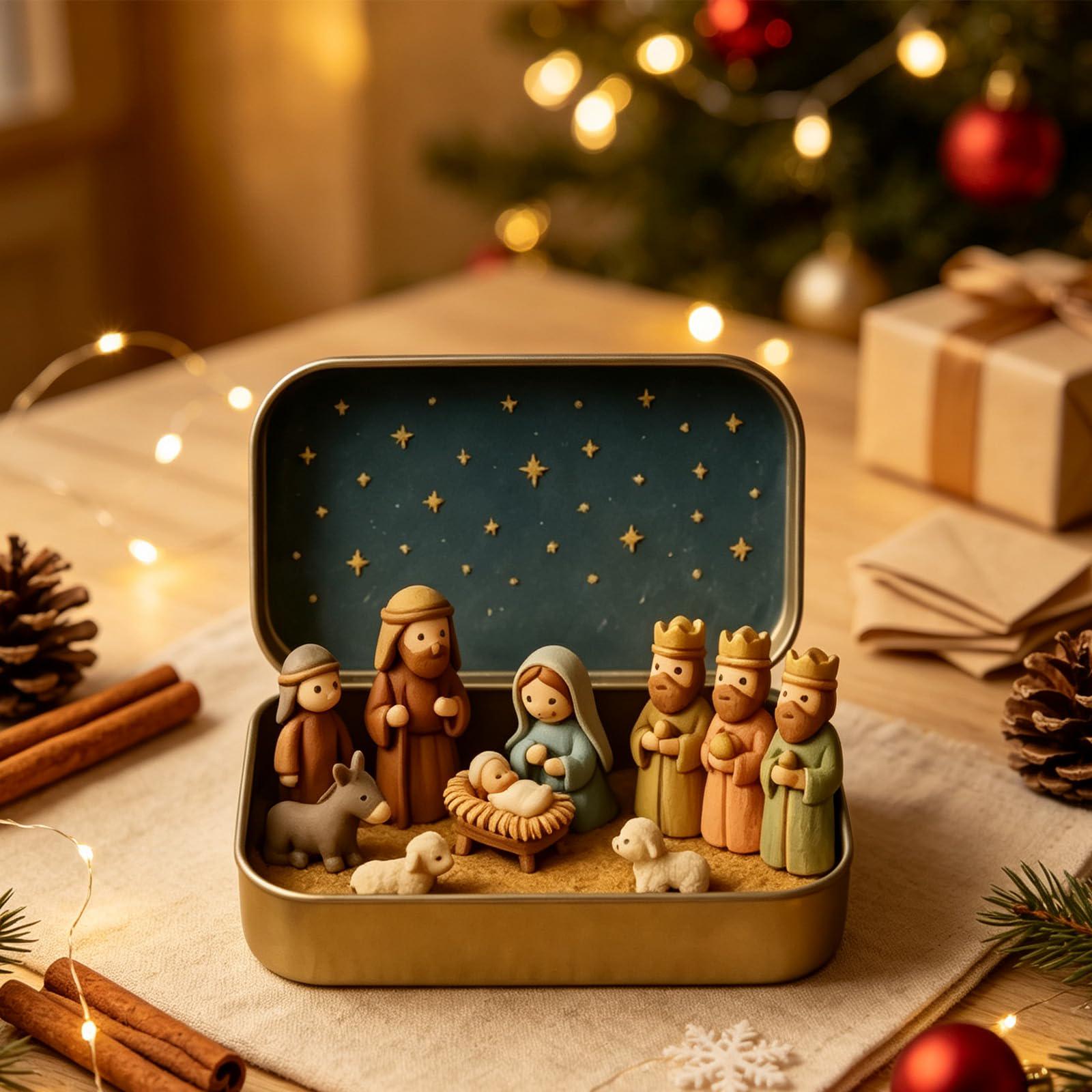 3D Mini Nativity Set, Shepherd & Manger Scene, Tin Box Baby Jesus Figurines, Christian Christmas Gift, Pocket Bible Keepsake