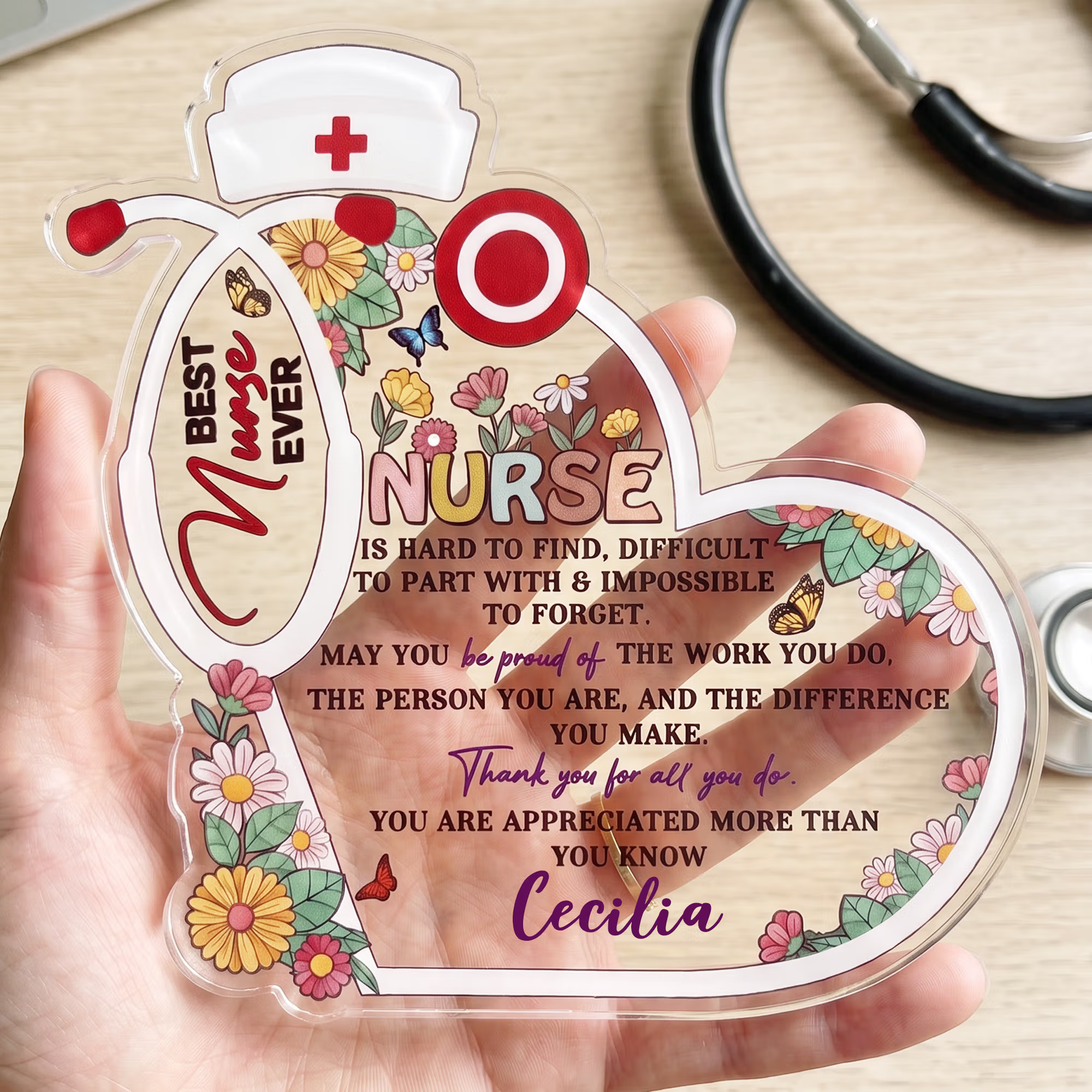 Personalized Best Nurse Ever Stethoscope Floral Nurse Cap Acrylic Plaque with Name Nurse Week Nurses' Day Appreciation Gift for Nurse