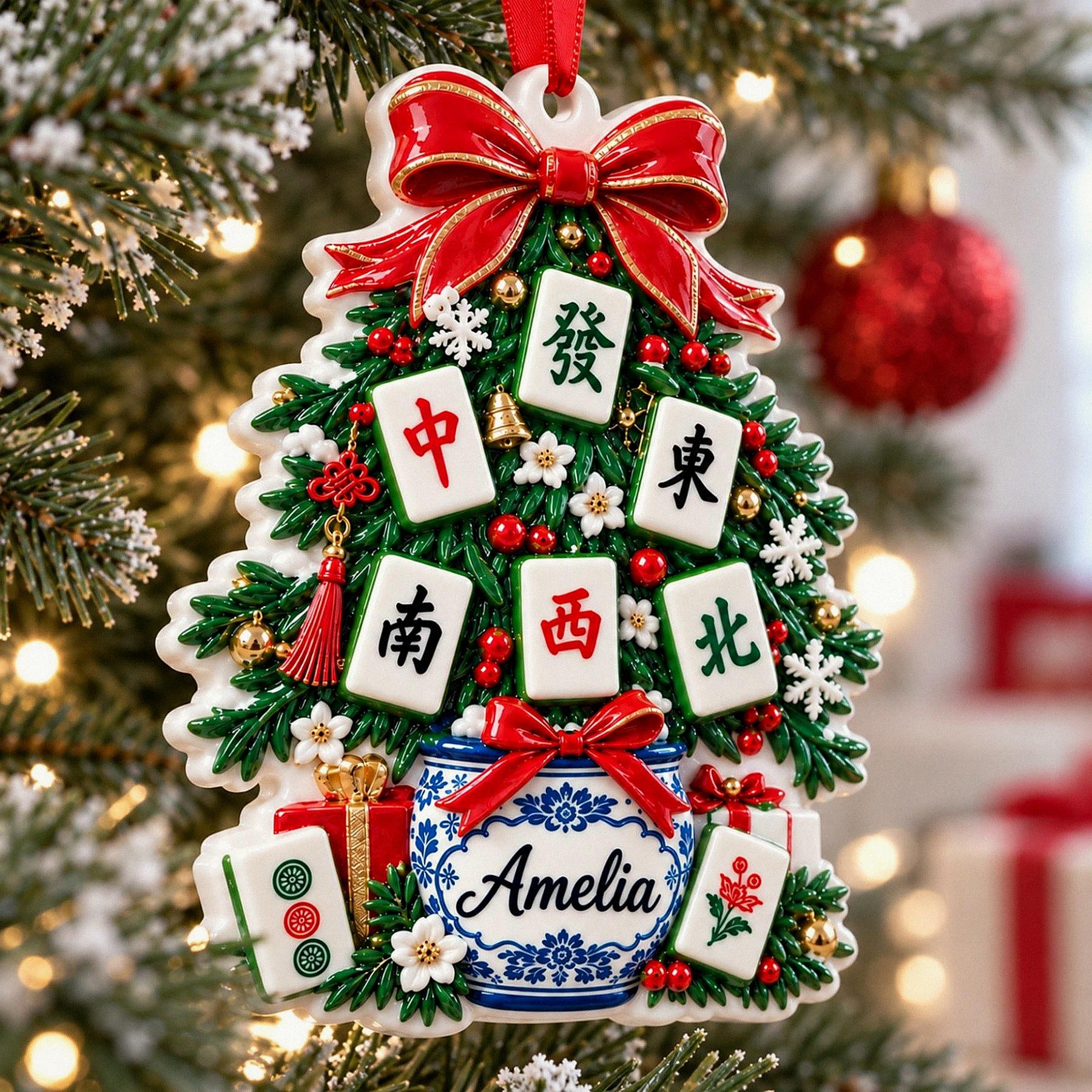Personalized Mahjong Stocking 3D Relief White Acrylic Ornament, Custom Tile Game Keepsake, Christmas Gift for Game Night Hostess