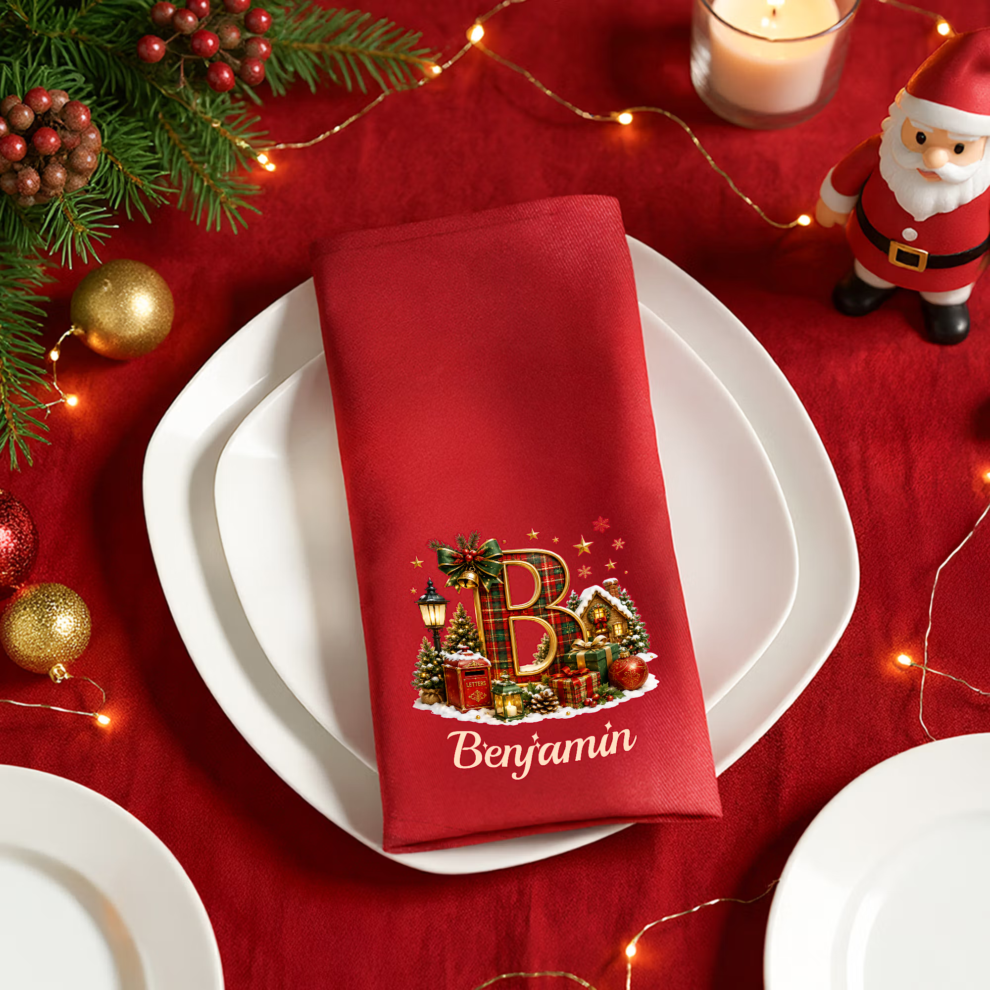 Personalized 100% Cotton Plaid Christmas Hat Initial Red Christmas Napkin with Name Table Decor Christmas Gift for Neighbors 