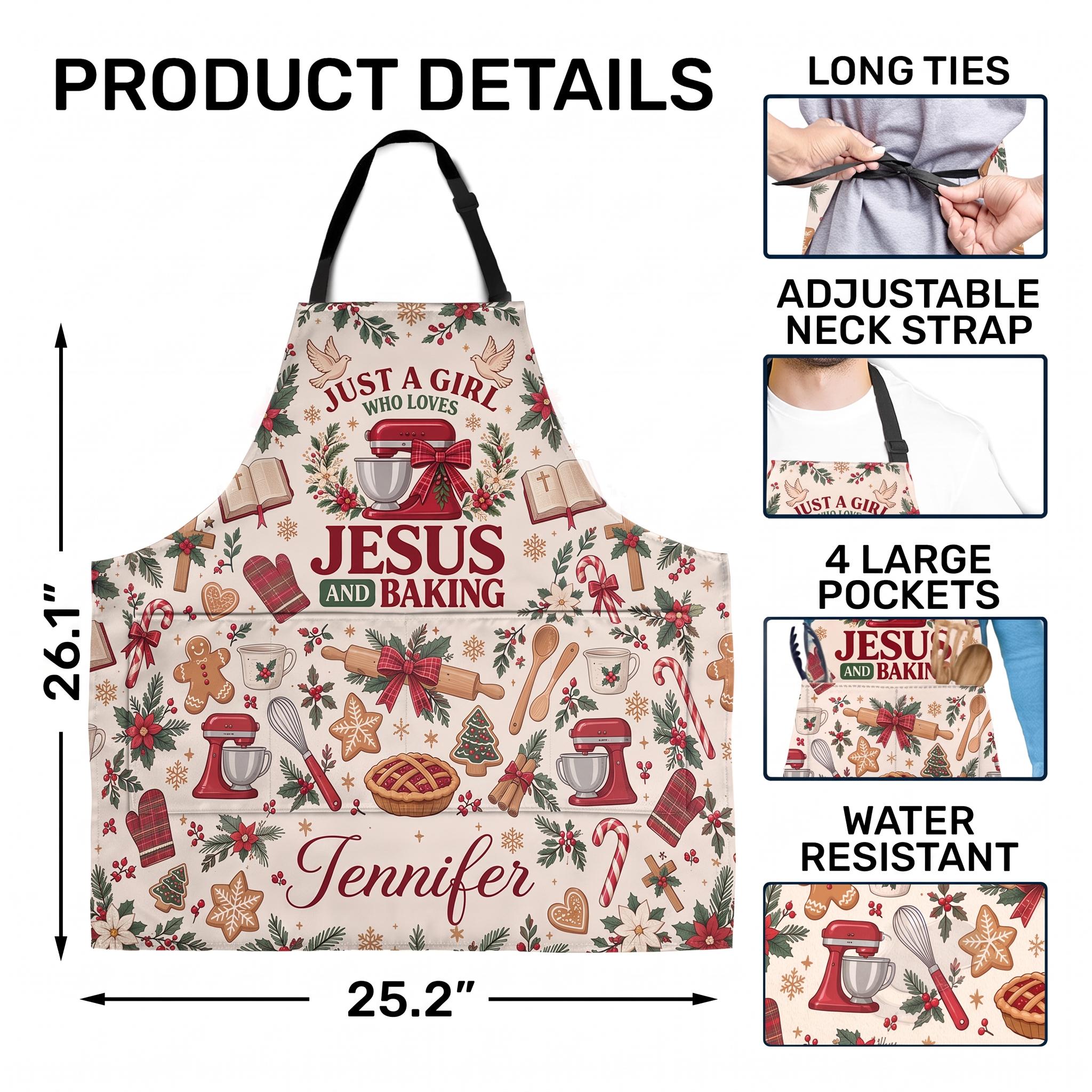Personalized Just A Girl Who Loves Jesus and Baking Christmas Apron With 4 Pocket,Custom Christian Baker Apron, Gift for Christian Baker