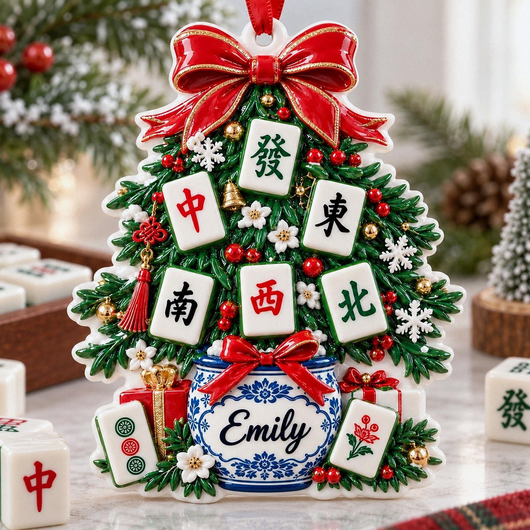 Personalized Mahjong Stocking 3D Relief White Acrylic Ornament, Custom Tile Game Keepsake, Christmas Gift for Game Night Hostess