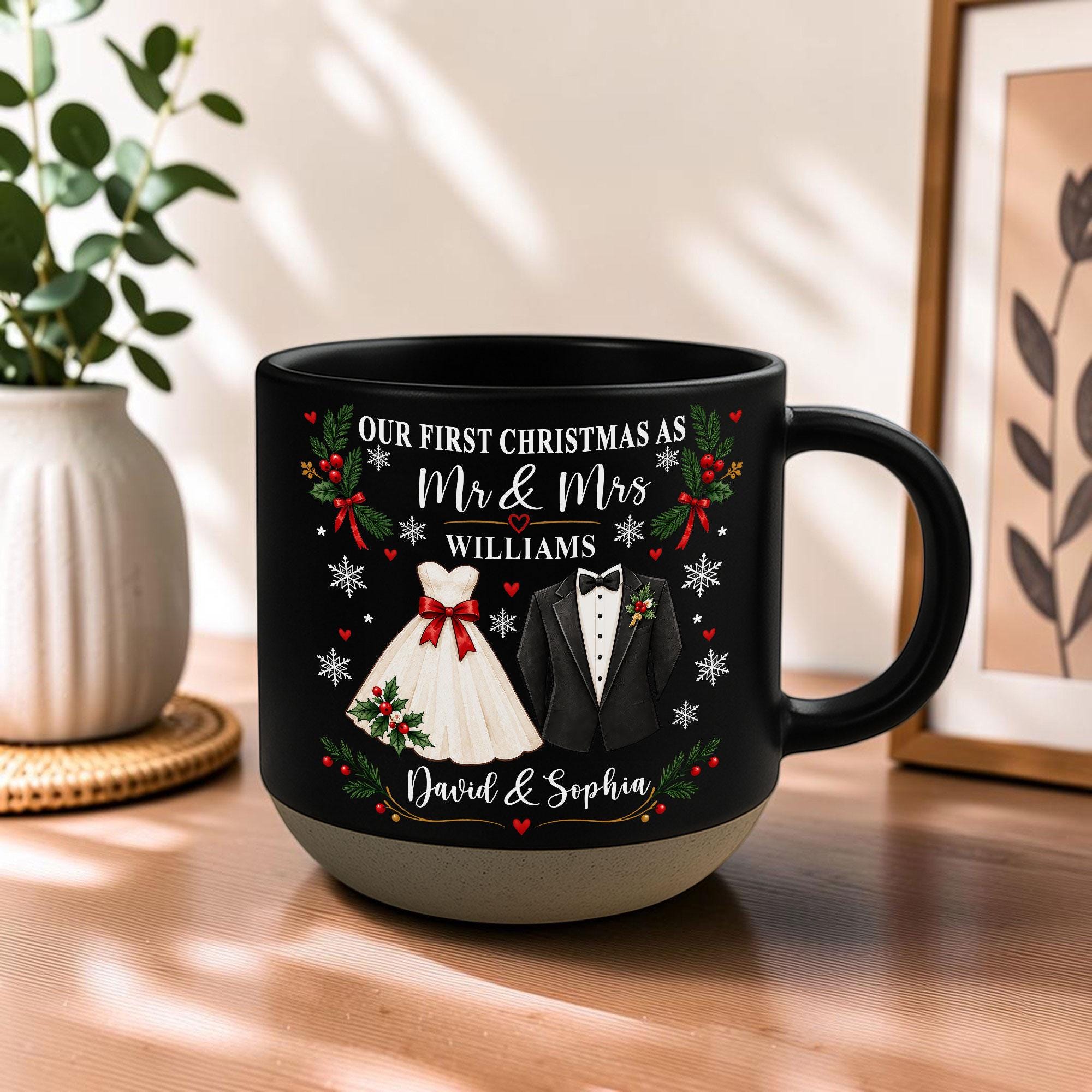 Personalized First Xmas Mug, Mr and Mrs Coffee Mug, Custom Newlywed Gift, Couple Names Wedding Christmas Keepsake, First Xmas Married Mug