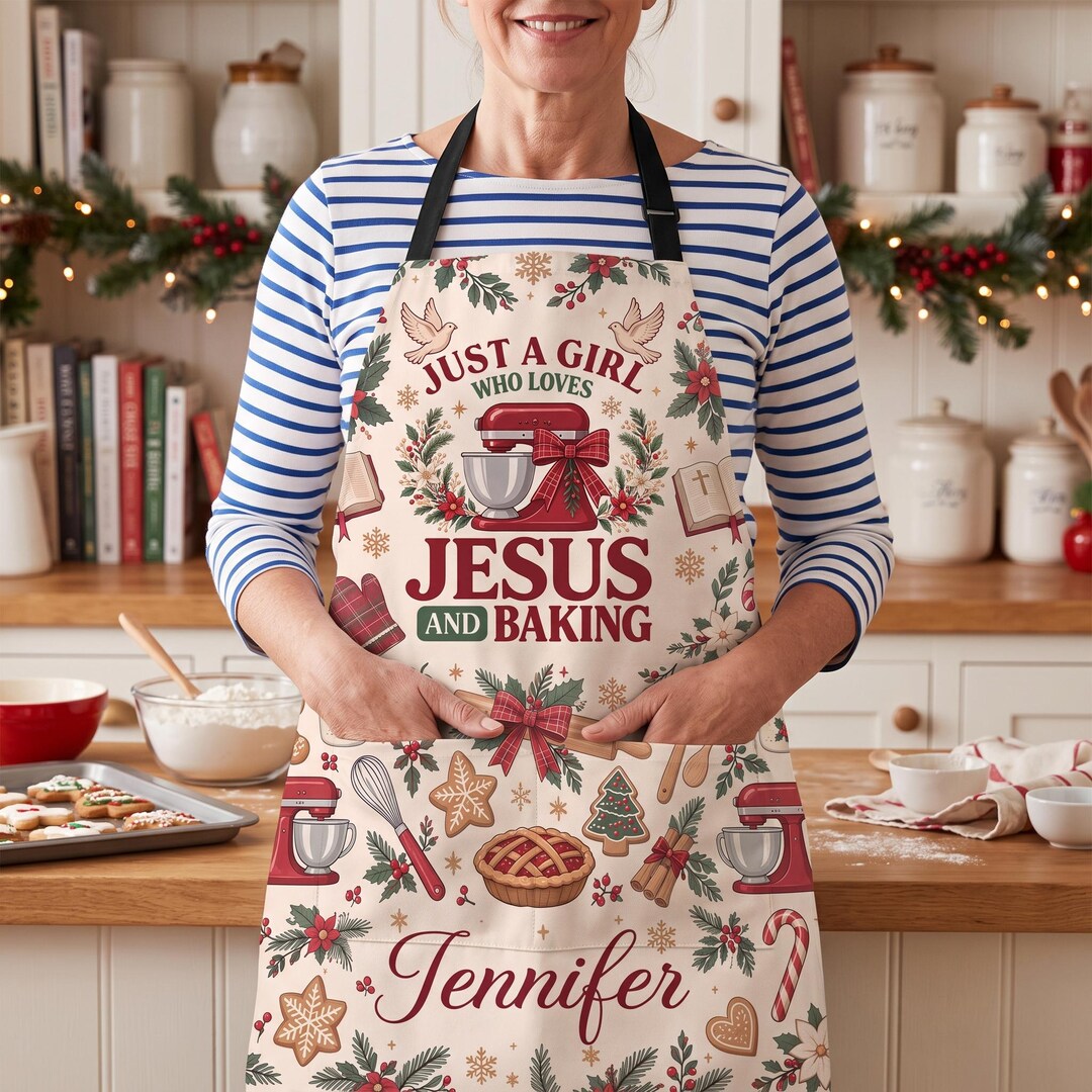 Personalized Just A Girl Who Loves Jesus and Baking Christmas Apron With 4 Pocket,Custom Christian Baker Apron, Gift for Christian Baker