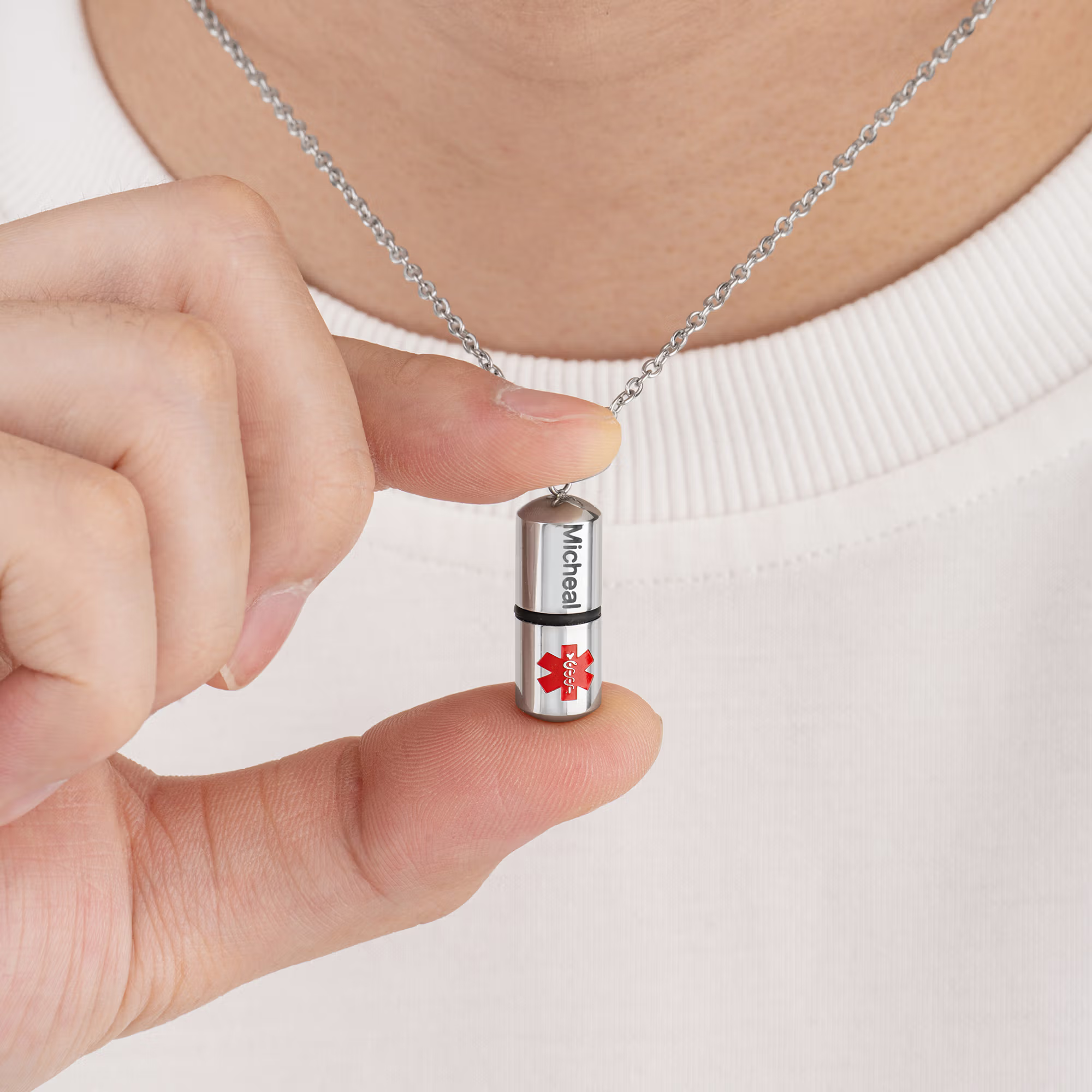 Personalized Openable Capsule-Shaped Necklace with Name and Medical Note Emergency Survival Birthday Gift for Diabetic Autism