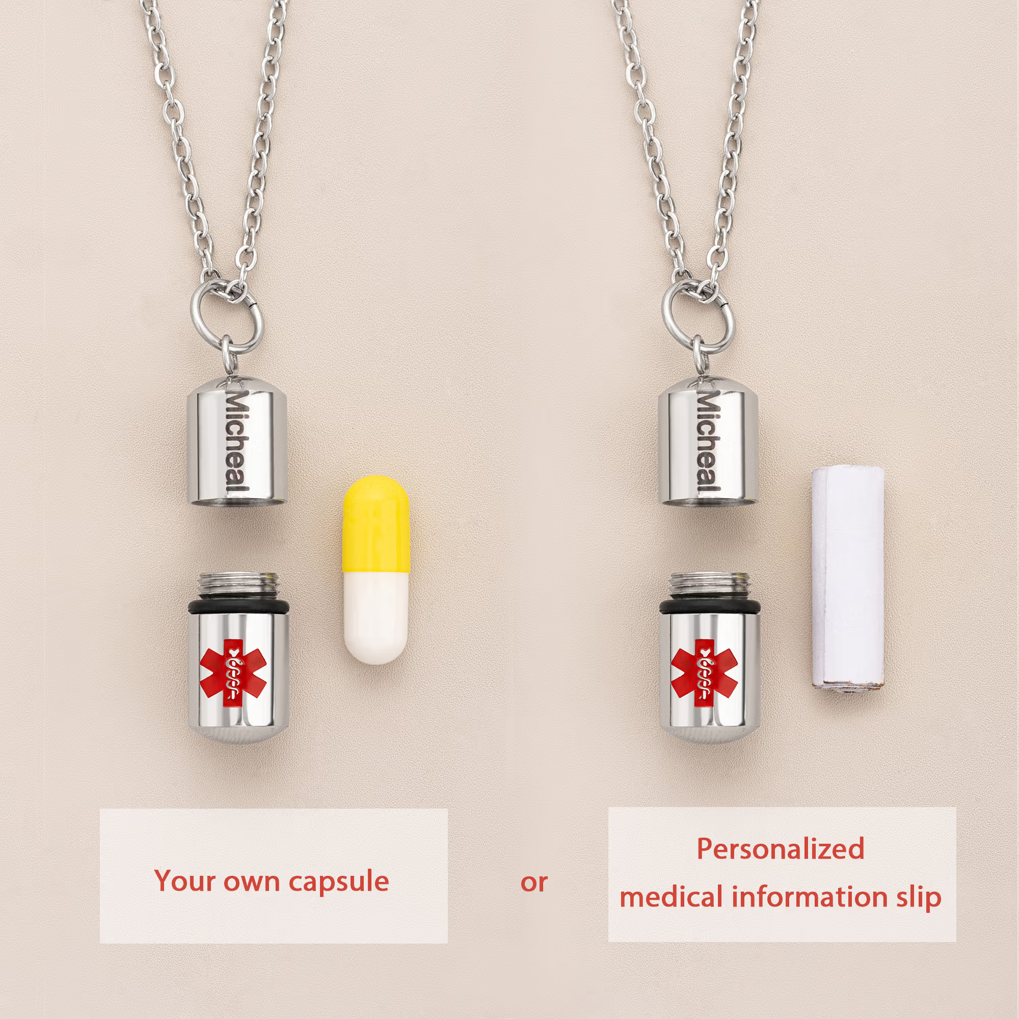Personalized Openable Capsule-Shaped Necklace with Name and Medical Note Emergency Survival Birthday Gift for Diabetic Autism