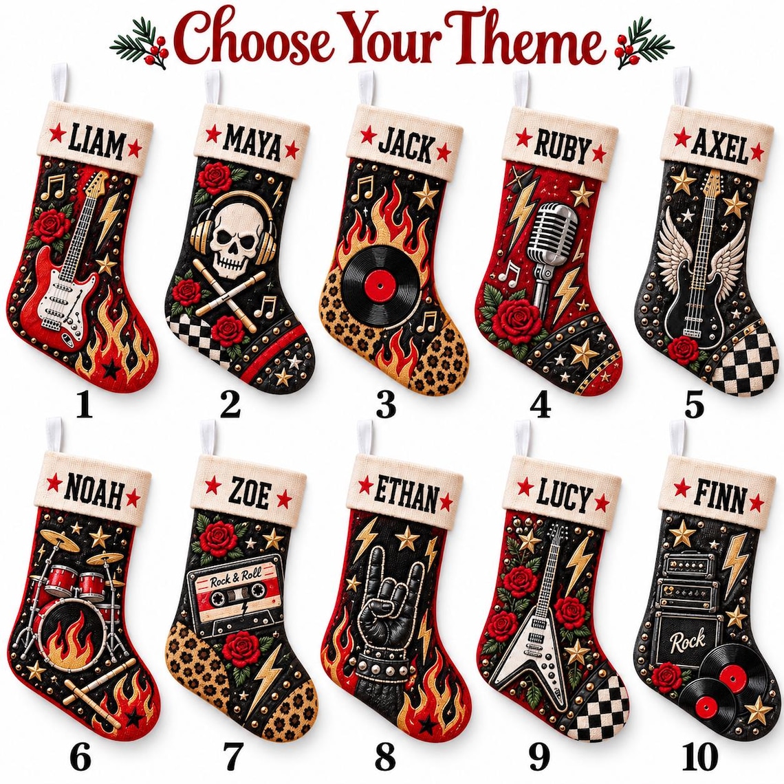 Personalized Rock Roll Christmas Stocking: Custom Name Music Lover Holiday Decor