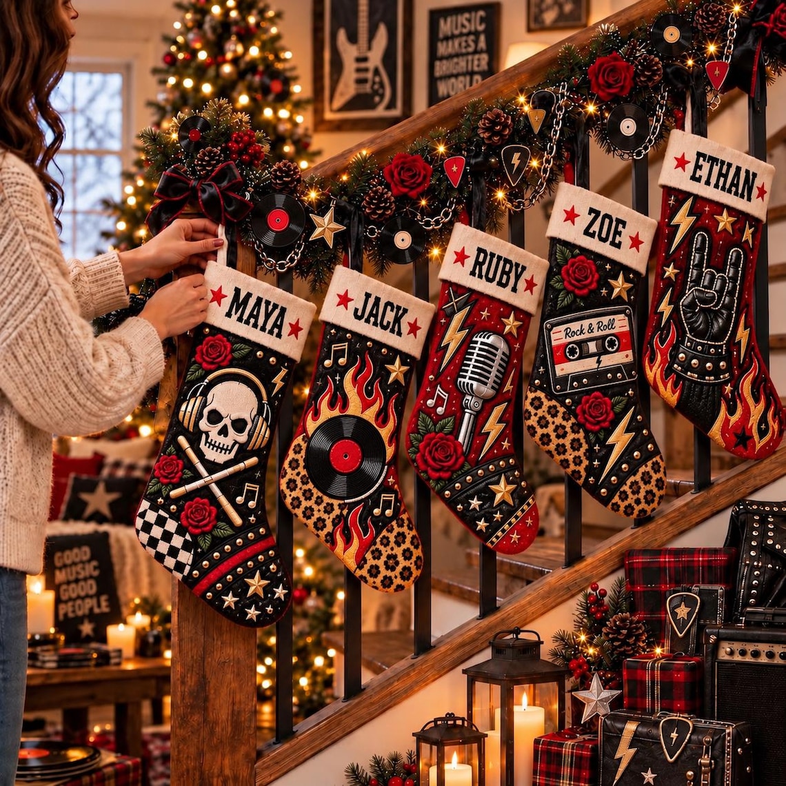Personalized Rock Roll Christmas Stocking: Custom Name Music Lover Holiday Decor