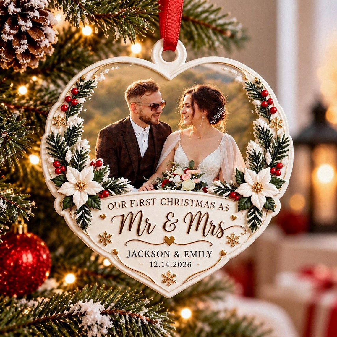 Personalized  Couple Photo 3D Relief White Acrylic Ornament, Personalized First Christmas Married Keepsake, Mr & Mrs Newlywed Gift