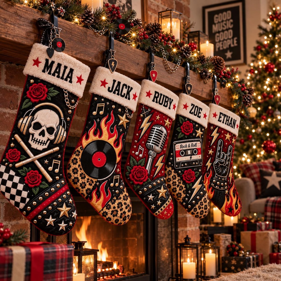 Personalized Rock Roll Christmas Stocking: Custom Name Music Lover Holiday Decor