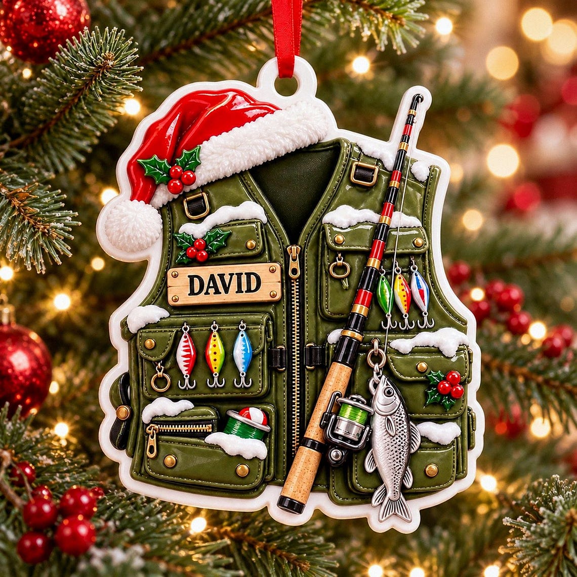 Personalized Fishing Vest 3D Relief White Acrylic Ornament, Custom Angler Keepsake, Christmas Gift for Fisherman