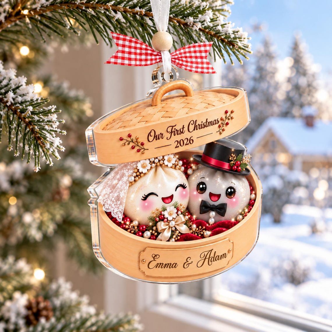 Personalized Dumpling Couple Ornament, Personalized First Christmas Acrylic Keepsake, Cute Foodie Newlywed Gift, Bride Groom Christmas Ornament