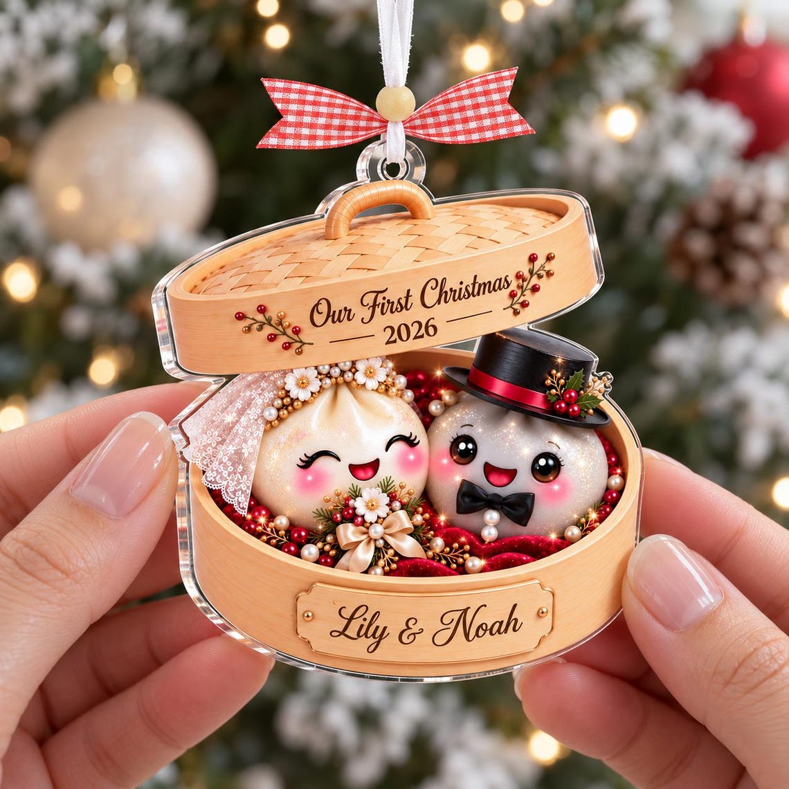 Personalized Dumpling Couple Ornament, Personalized First Christmas Acrylic Keepsake, Cute Foodie Newlywed Gift, Bride Groom Christmas Ornament