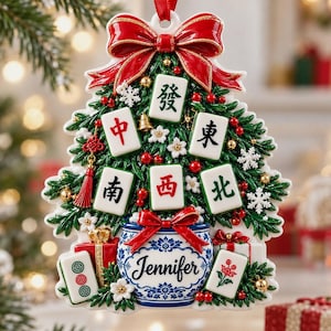 Personalized Mahjong Stocking 3D Relief White Acrylic Ornament, Custom Tile Game Keepsake, Christmas Gift for Game Night Hostess