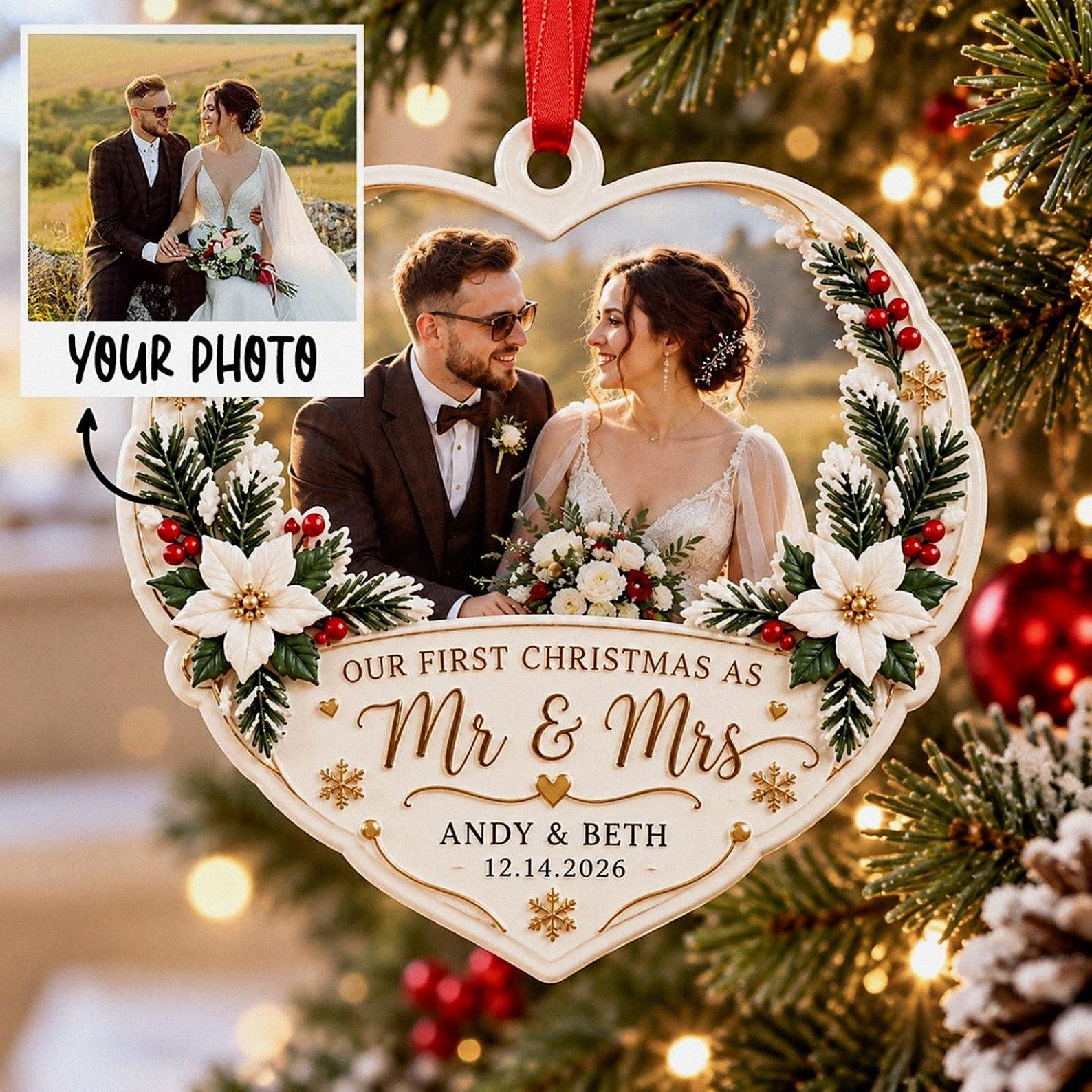 Personalized  Couple Photo 3D Relief White Acrylic Ornament, Personalized First Christmas Married Keepsake, Mr & Mrs Newlywed Gift