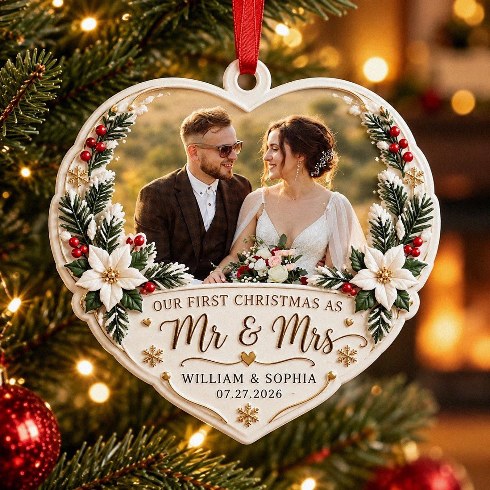 Personalized  Couple Photo 3D Relief White Acrylic Ornament, Personalized First Christmas Married Keepsake, Mr & Mrs Newlywed Gift