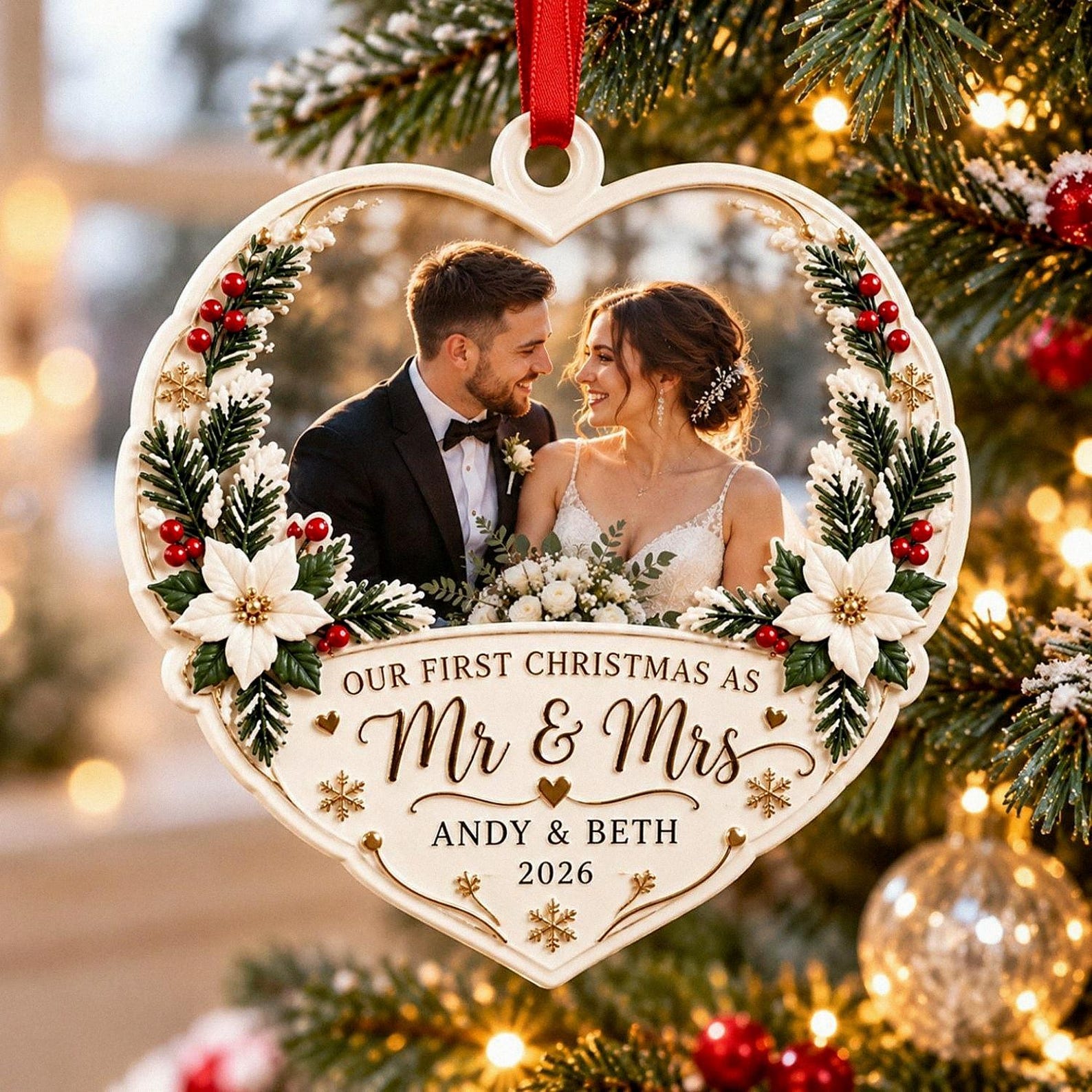 Personalized  Couple Photo 3D Relief White Acrylic Ornament, Personalized First Christmas Married Keepsake, Mr & Mrs Newlywed Gift
