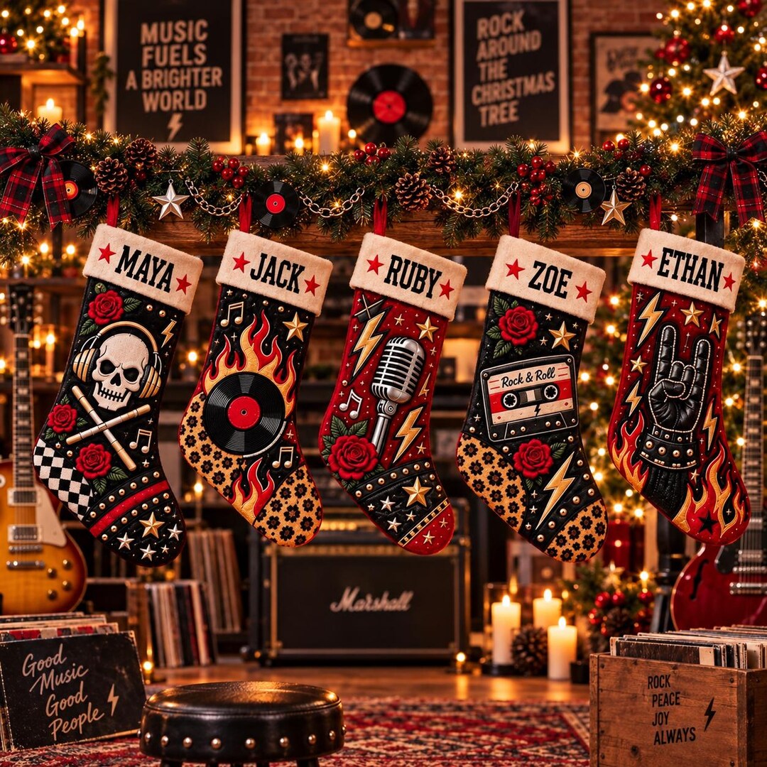 Personalized Rock Roll Christmas Stocking: Custom Name Music Lover Holiday Decor