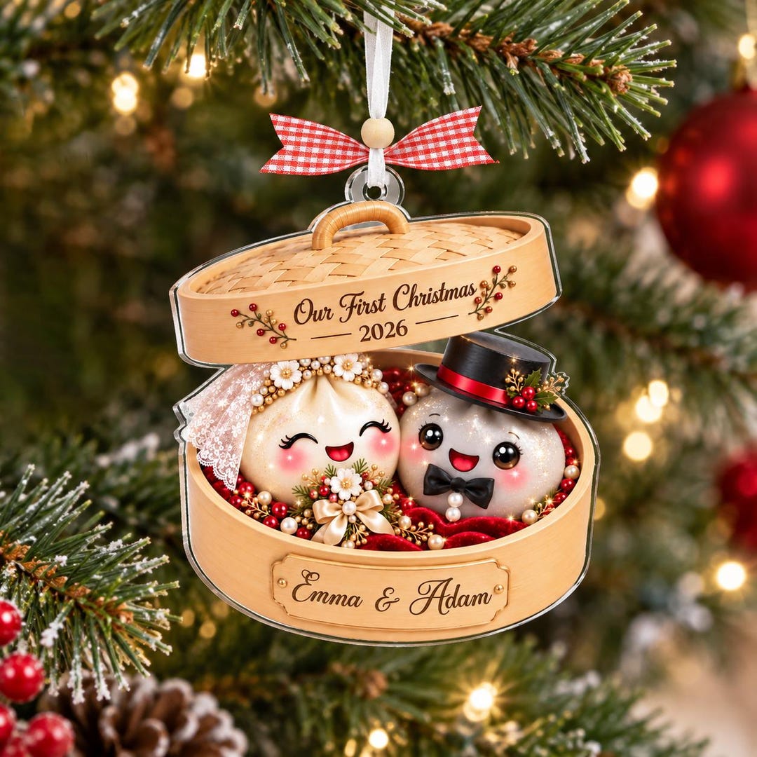 Personalized Dumpling Couple Ornament, Personalized First Christmas Acrylic Keepsake, Cute Foodie Newlywed Gift, Bride Groom Christmas Ornament