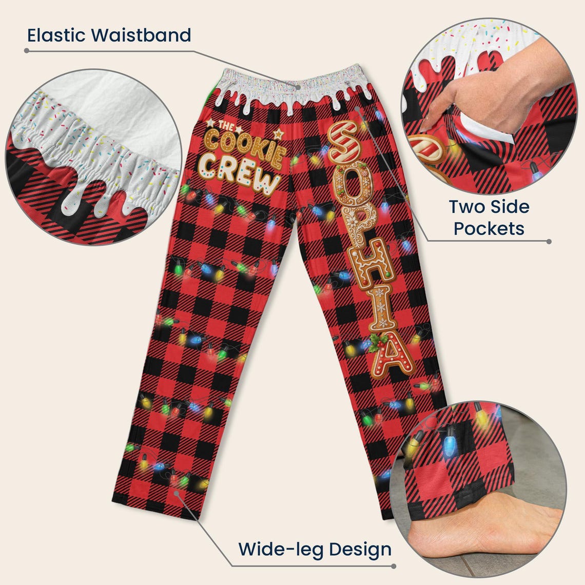 Personalized Cookie Crew Lounge Pants, Christmas Matching Family Outfits, Custom Gingerbread Name Pajama Pants, Holiday Gift for Mom Dad