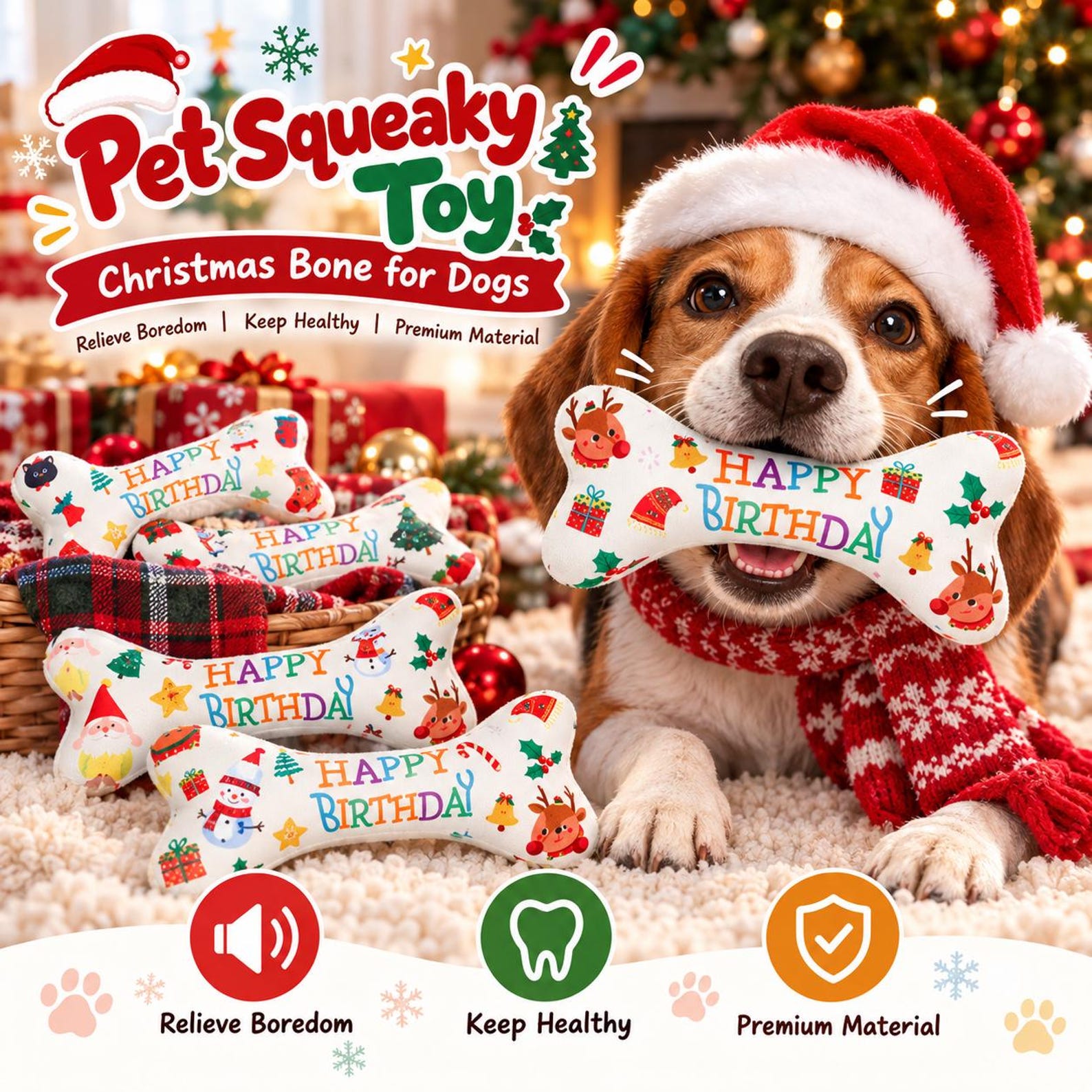 Christmas Dog Squeaky Toy, Custom Style Birthday Bone Plush, Holiday Puppy Chew Toy for Small Large Dogs, Indoor Play, Pet Gift