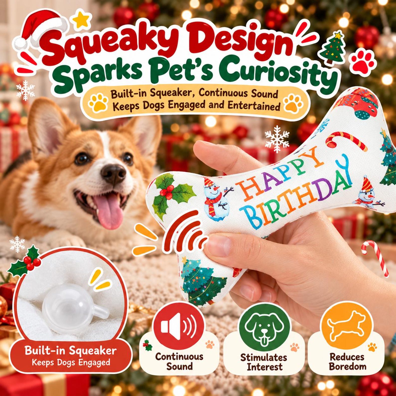 Christmas Dog Squeaky Toy, Custom Style Birthday Bone Plush, Holiday Puppy Chew Toy for Small Large Dogs, Indoor Play, Pet Gift