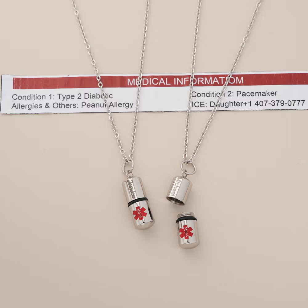 Personalized Openable Capsule-Shaped Necklace with Name and Medical Note Emergency Survival Birthday Gift for Diabetic Autism