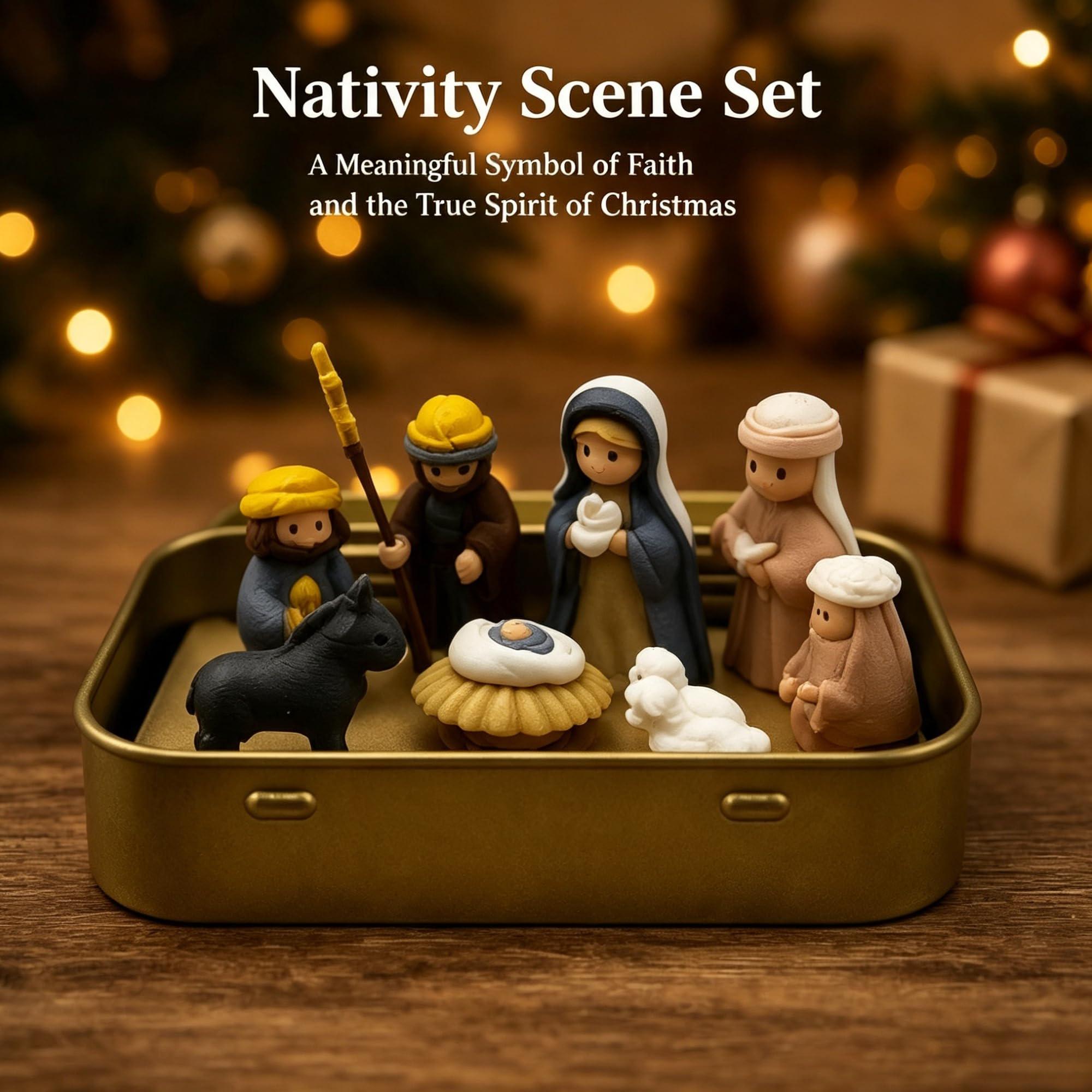 3D Mini Nativity Set, Shepherd & Manger Scene, Tin Box Baby Jesus Figurines, Christian Christmas Gift, Pocket Bible Keepsake