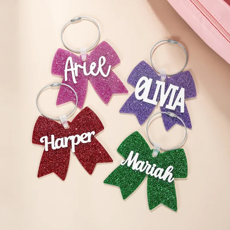 Personalized Cheerleading Glitter Bow Keychains with Custom Name Design