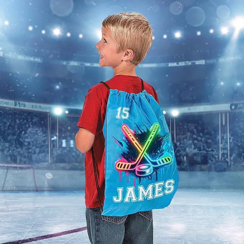 Personalized Ice Hockey Drawstring Bag Custom Name and Number with Neon Stick Design