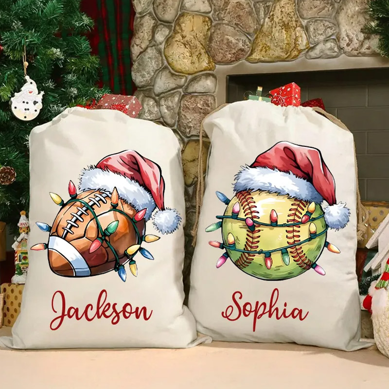 Personalized Sports Christmas Sack with Festive Lights and Custom Name