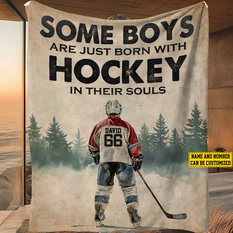 Personalized "Born with Hockey in Their Souls" Throw Blanket with Custom Name and Number 