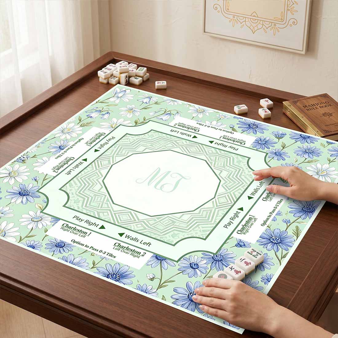 Mahjong Mats Green Pastel Floral Mahjong Mat Custom Daisy American Mahjong Table Cover Garden Mahjong Pad Mahjong Accessories