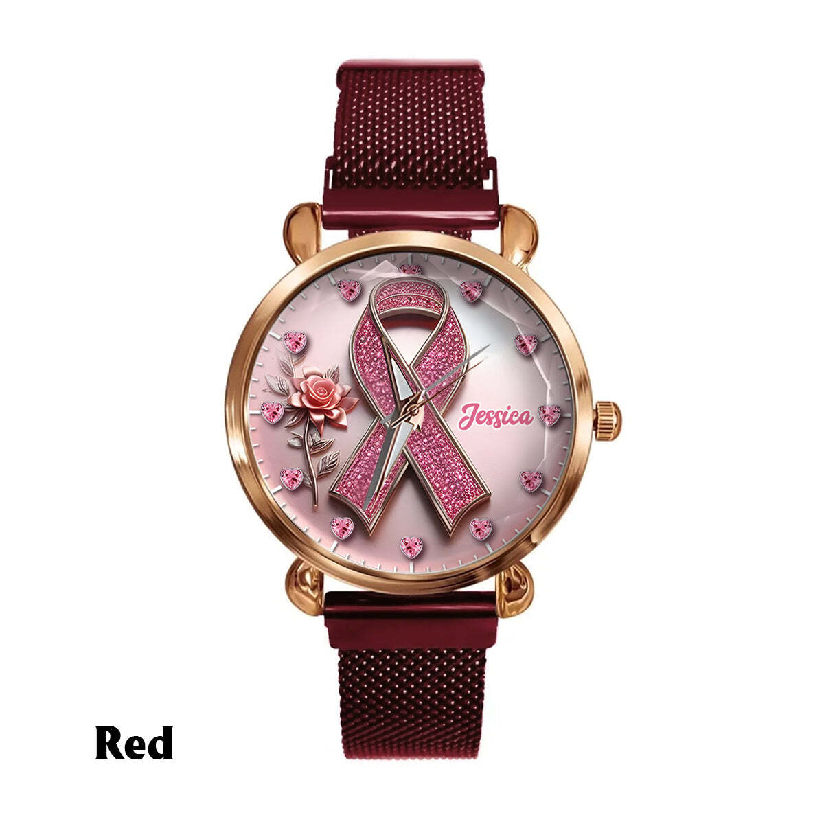 Personalized Breast Cancer Awareness Watch Pink Ribbon Faith Hope Love Gold Mesh Band Elegant Support Timepiece