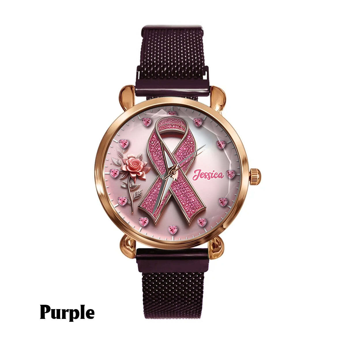 Personalized Breast Cancer Awareness Watch Pink Ribbon Faith Hope Love Gold Mesh Band Elegant Support Timepiece