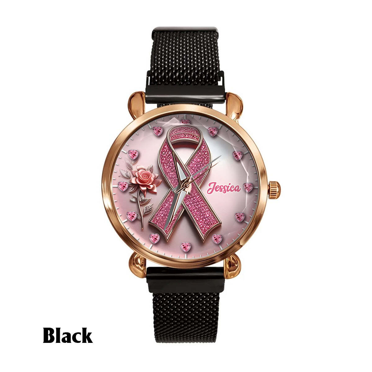 Personalized Breast Cancer Awareness Watch Pink Ribbon Faith Hope Love Gold Mesh Band Elegant Support Timepiece