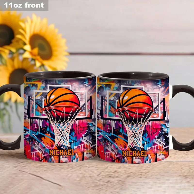 Personalized Basketball Mug with Custom Name and Graffiti Artwork for Basketball Enthusiast