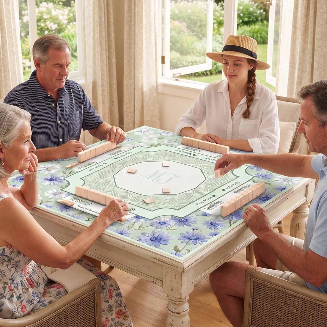 Mahjong Mats Green Pastel Floral Mahjong Mat Custom Daisy American Mahjong Table Cover Garden Mahjong Pad Mahjong Accessories