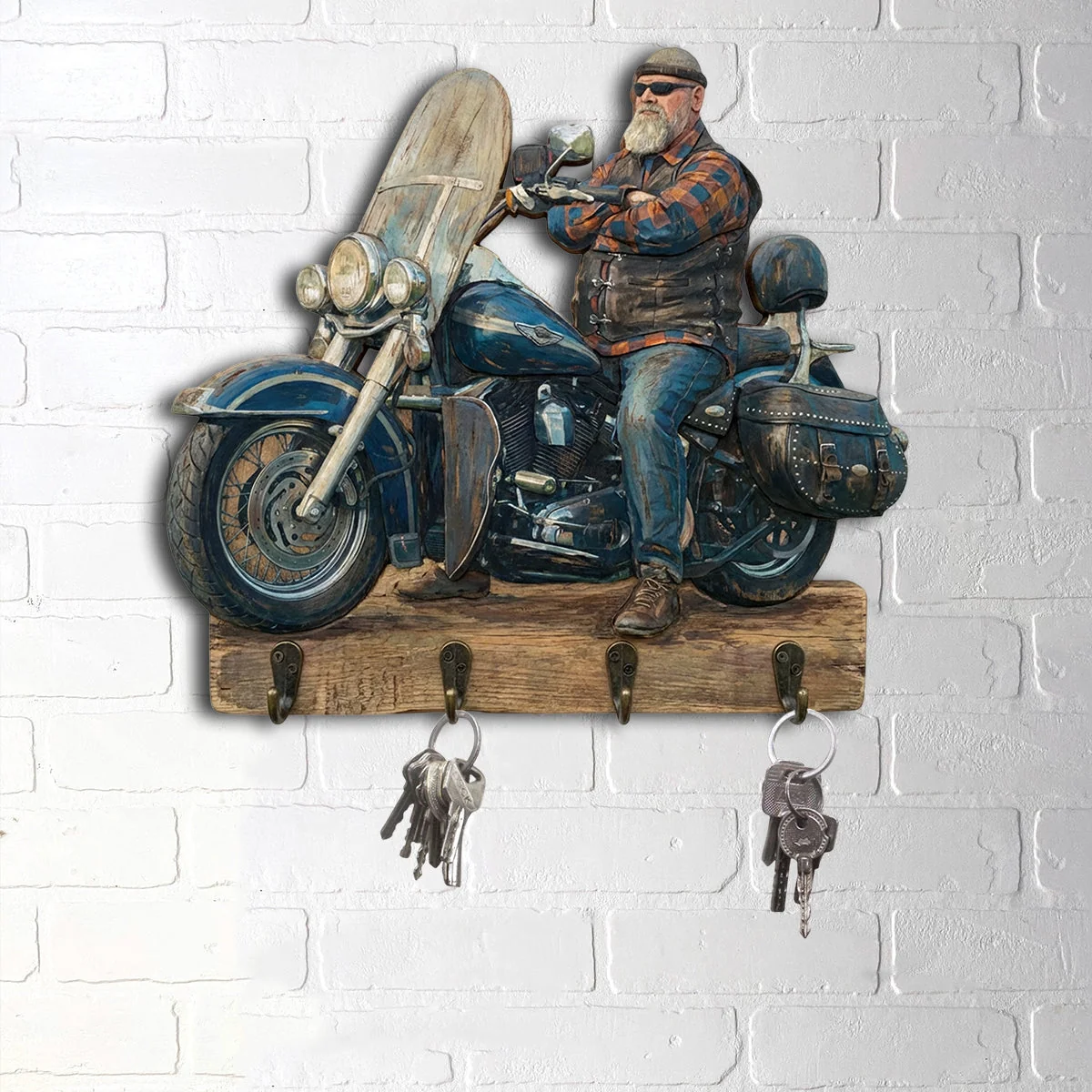 Personalized Photo Biker Wooden Key Holder, Custom Motorcycle Rider Wall Key Hook, Custom Photo Wall Decor, Unique Gift For Biker