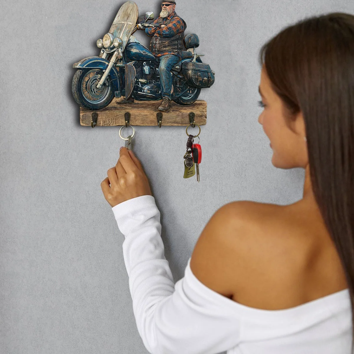 Personalized Photo Biker Wooden Key Holder, Custom Motorcycle Rider Wall Key Hook, Custom Photo Wall Decor, Unique Gift For Biker
